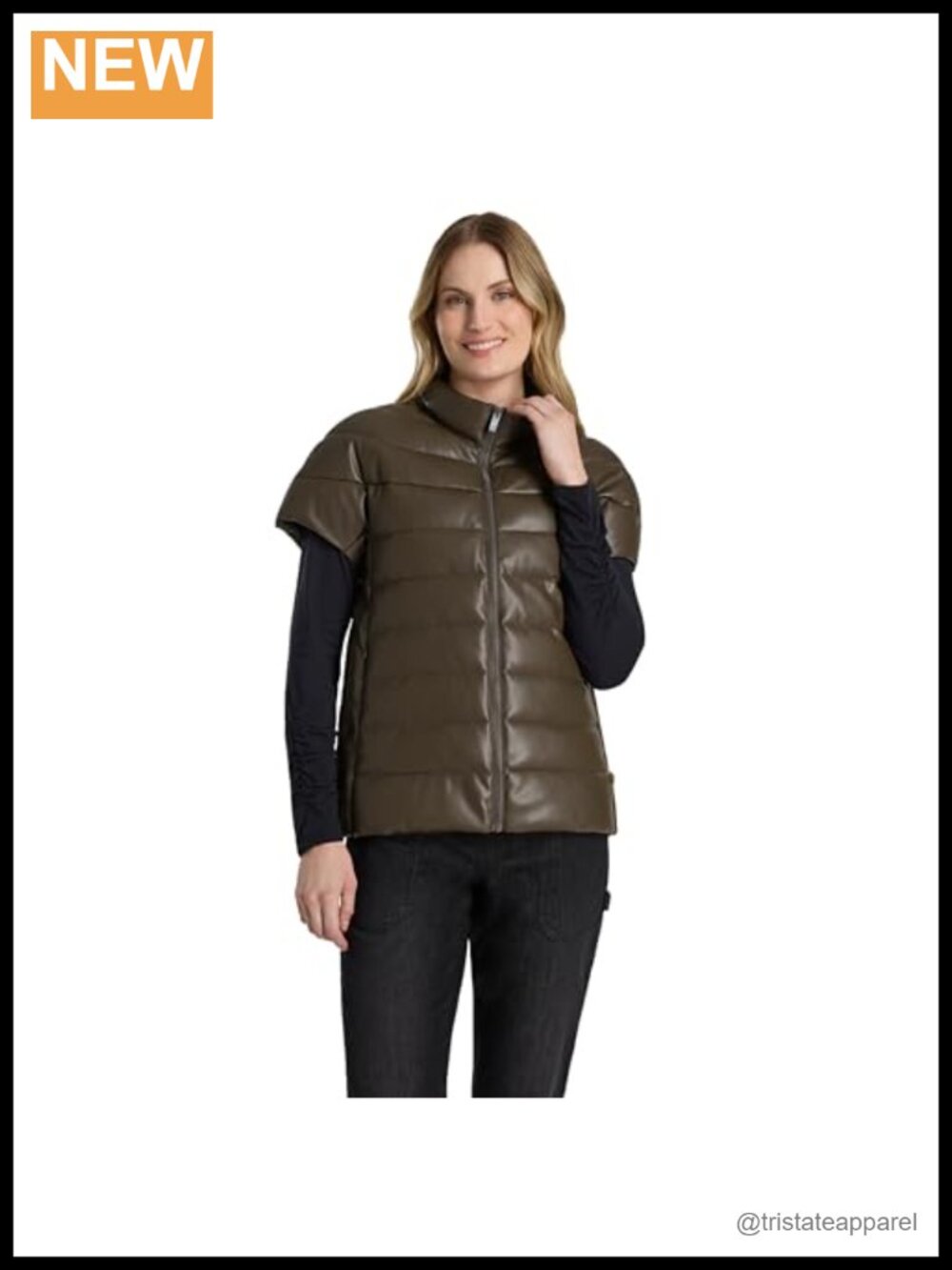 Womens Faux Leather Quilted Puffer Vest Sleeveless Zip Up Lightweight